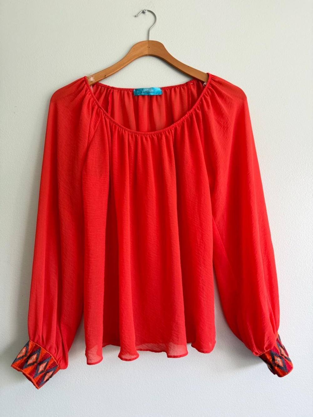 Francesca’s Bright Orange Peasant Blouse Boho Embroidered Cuff Top